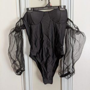 One piece black swimsuit w/ sheer off shoulder